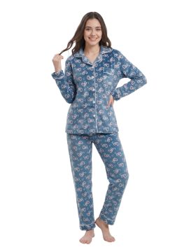 ΓΥΝΑΙΚΕΙΑ FLEECE ΠΥΤΖΑΜΑ ΜΕ ΚΟΥΜΠΙΑ & ΣΧΕΔΙO ΚΑΡΔΟΥΛΕΣ - ΓΑΛΑΖΙΟ
