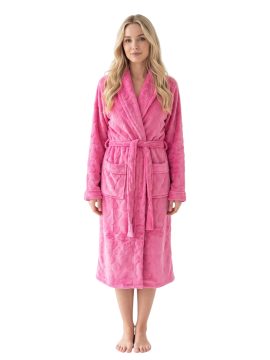 ΓΥΝΑΙΚΕΙΑ ΡΟΜΠΑ FLEECE ΜΕ ΑΝΑΓΛΥΦΟ ΣΧΕΔΙΟ ΚΑΡΔΟΥΛΕΣ & ΖΩΝΑΚΙ - ΦΟΥΞΙΑ