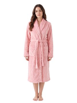 ΓΥΝΑΙΚΕΙΑ ΡΟΜΠΑ FLEECE ΜΕ ΑΝΑΓΛΥΦΟ ΣΧΕΔΙΟ ΚΑΡΔΟΥΛΕΣ & ΖΩΝΑΚΙ - ΡΟΖ